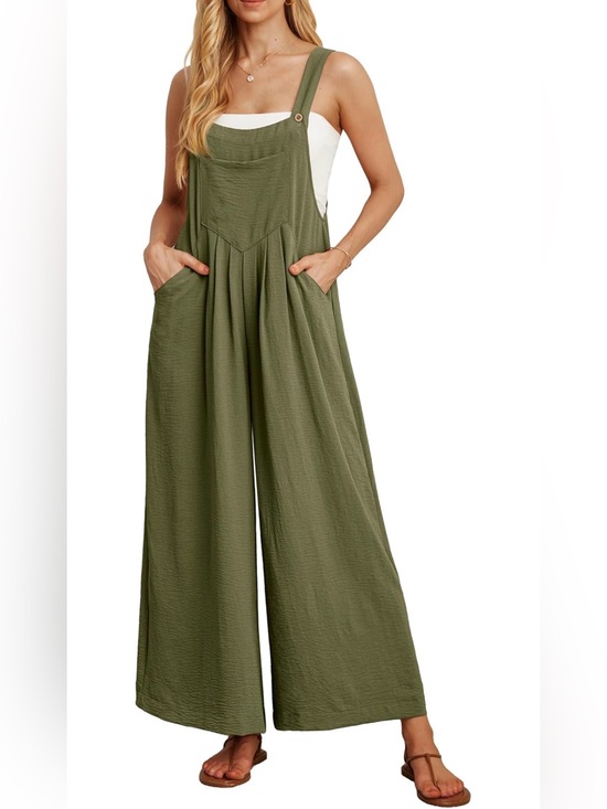 Ueu Pants - Casual Olive Wide-Leg Jumpsuit with Pockets